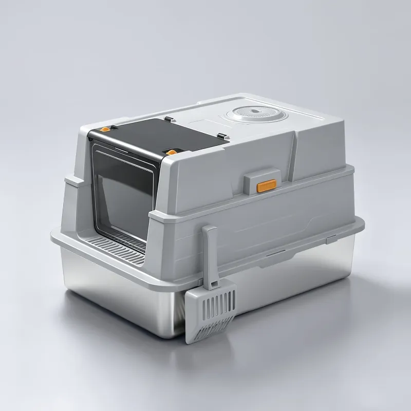 Furrbby XXL Full Enclosed Stainless Steel Litter Box, showing flip-top cover and enclosed design