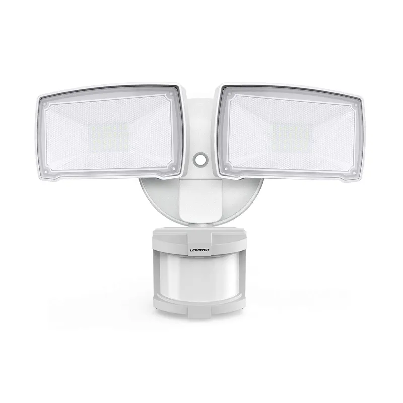 Lepower Tec 30W Motion Detector Security Lights with two adjustable heads mounted on outdoor wall
