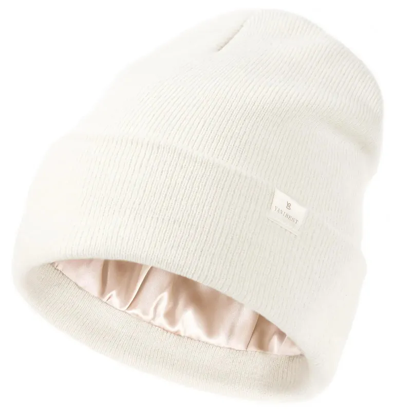 Yanibest Butter Satin Lined Knit Skull Beanie in cream white shown flat