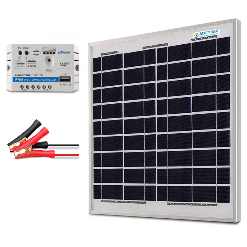 ACOPOWER 15W 12V Solar Charger Kit with charge controller and alligator clips