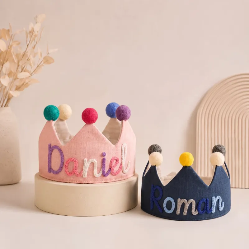 MamaRaya Personalized Birthday Crown Hat with colorful pom poms and custom yarn name lettering