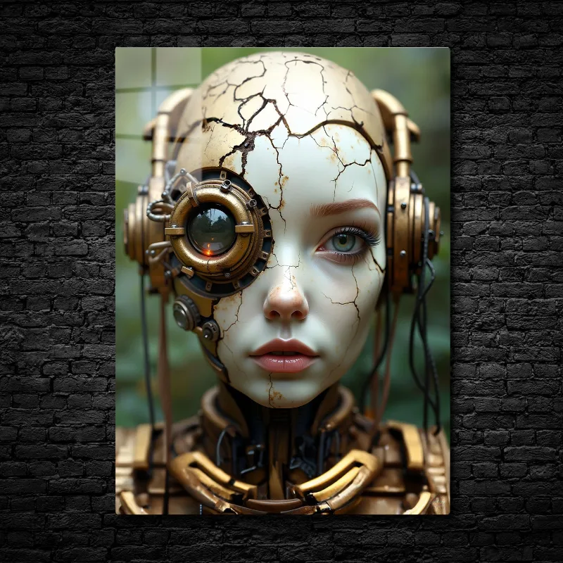 CruArt Fractured Automaton metal print showing detailed robotic figure with cracked porcelain skin and gears