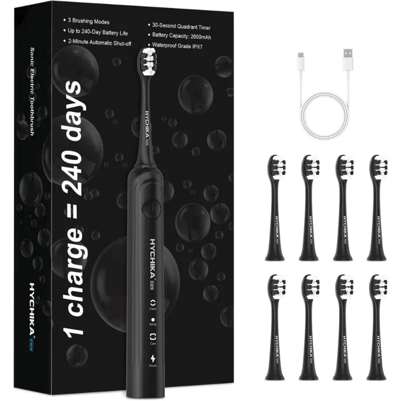 HYCHIKA 240 Days Battery Life Rechargeable Electric Toothbrush for Adults in black with replacement brush heads
