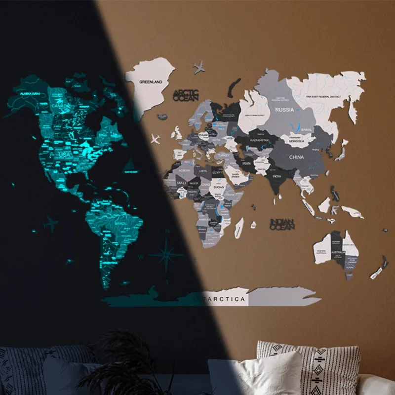 Enjoy The Wood 3D Luminous Colored Wooden World Map Nordik with glowing continents on wall