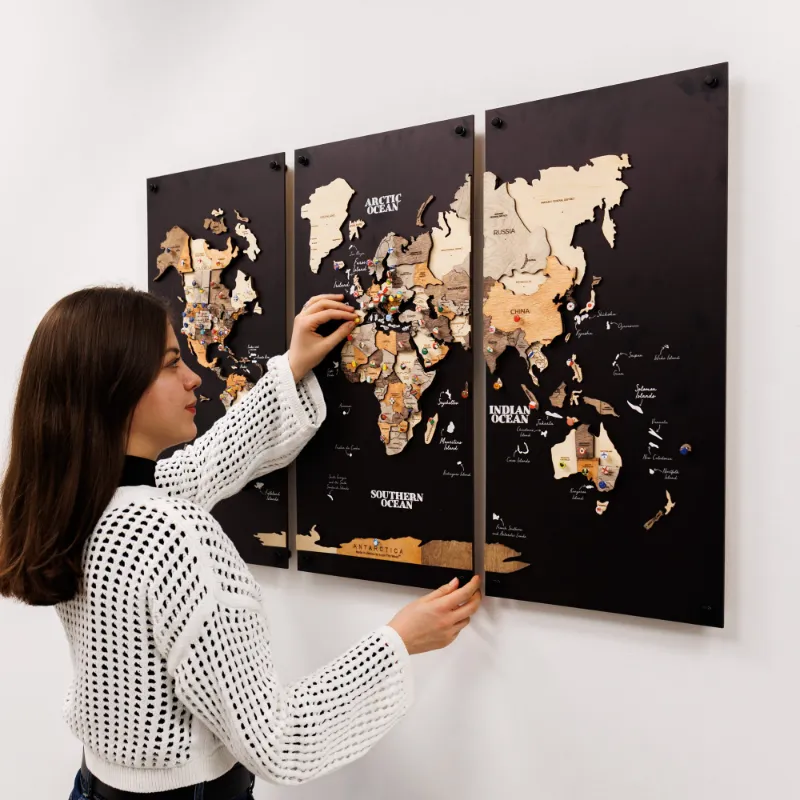 Enjoy The Wood 3D Wooden World Map Triptych Frameless Multicolor showing three floating panels