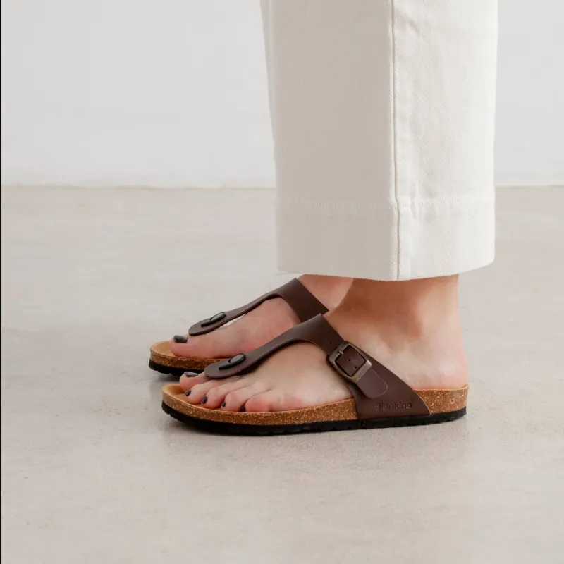 BIANKINA Malaga Vegan Leather Cork Sandal in brown, showing single buckle design and cork midsole