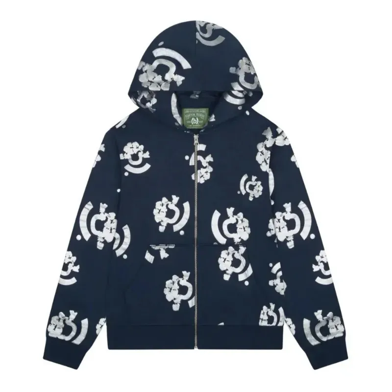 AfewVibe Denim Tears Bstroy Tears Zip Hoodie Blue, blue hoodie with metallic wreath print