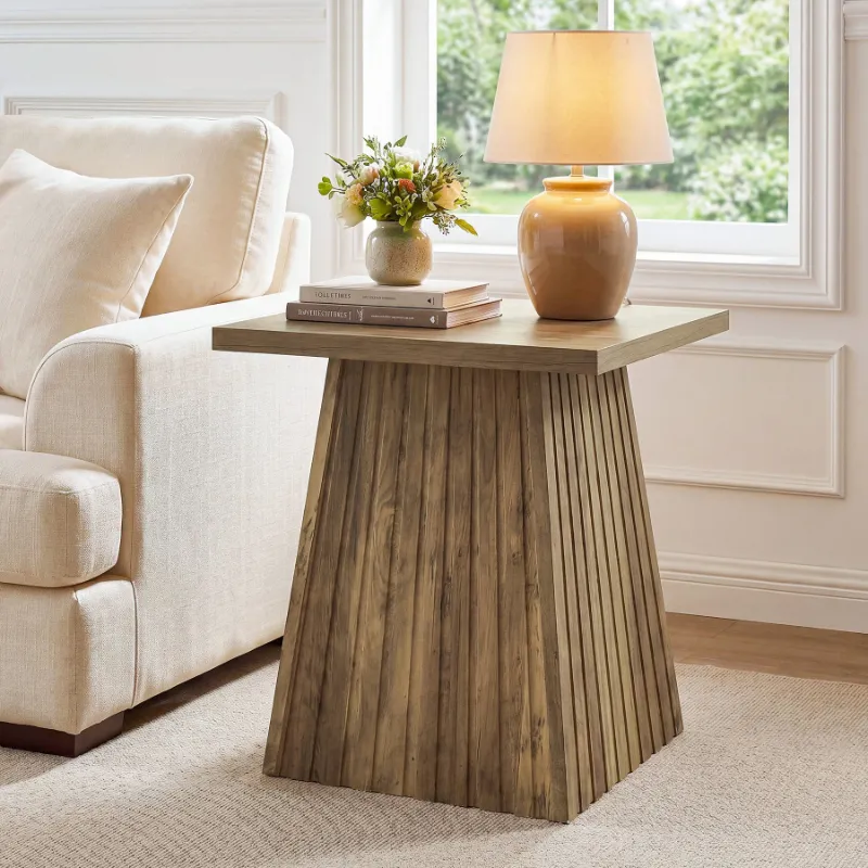Tribesigns 19.7-inch square end table with fluted pedestal base and wood grain finish