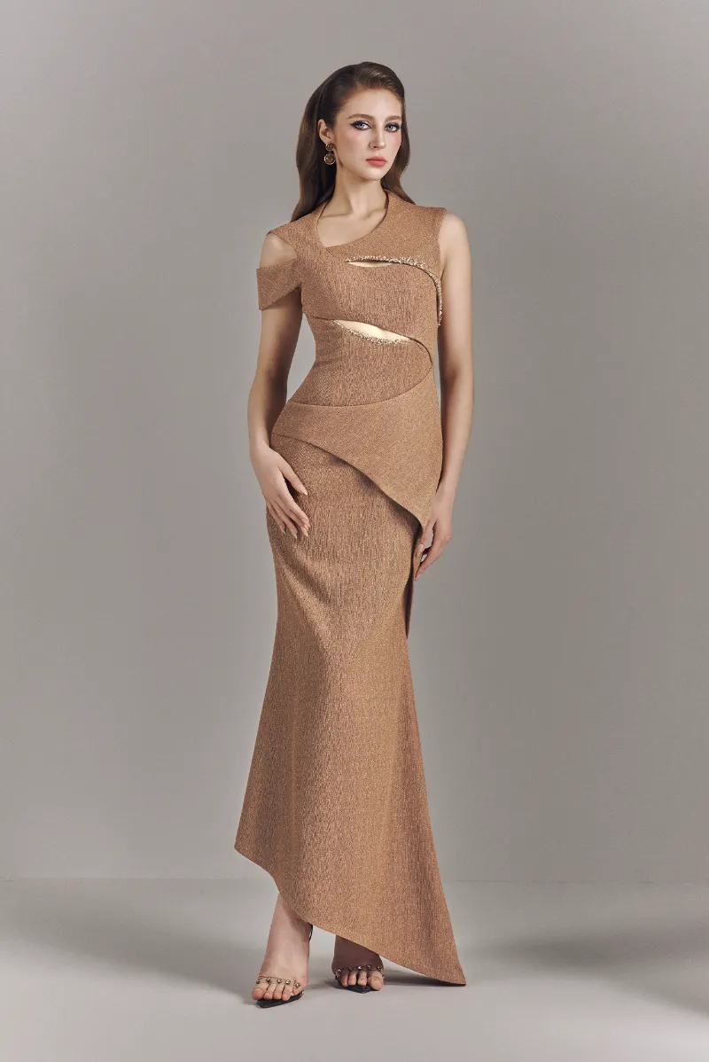 Kalisa Avelisse Metallic Stretch Maxi Dress with Cut Out Details, full-length dress with shimmer and cutout bodice