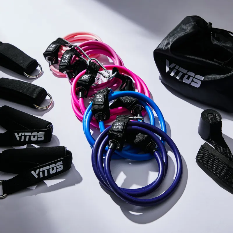 Vitos Resistance Exercise Bands Set of 11 pieces spread out on floor