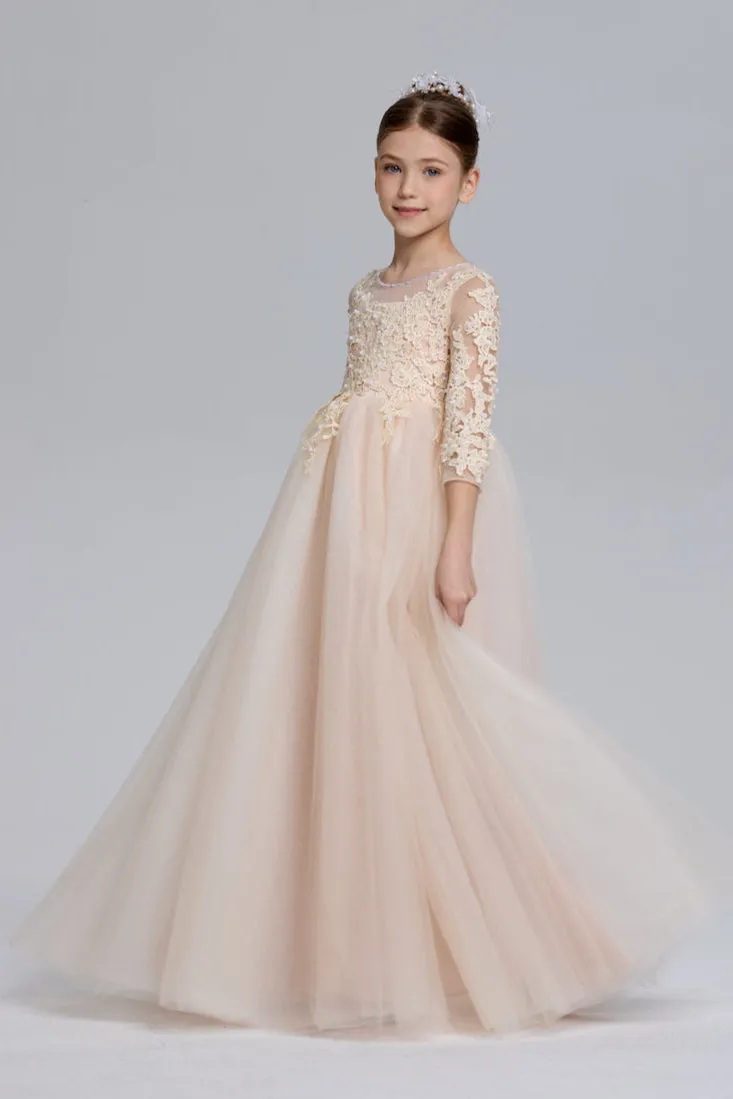 Wehilion Elegant Princess A-Line Tulle Flower Girl Dress in tulle and lace