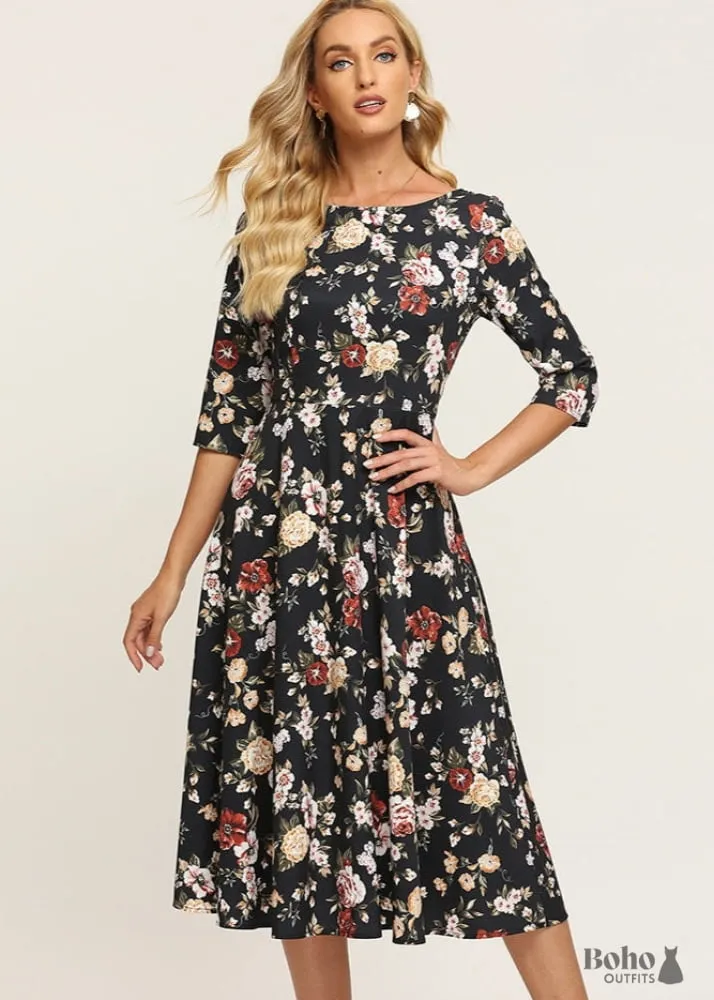 Boho Dress Bohemuan Autumn Black Floral dress with long sleeves and v-neck floral print
