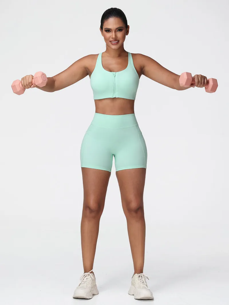 Zuluzenith Zip Front Sports Bra & High-Waist Pocket Shorts Set, bra with shorts in mint green and pink