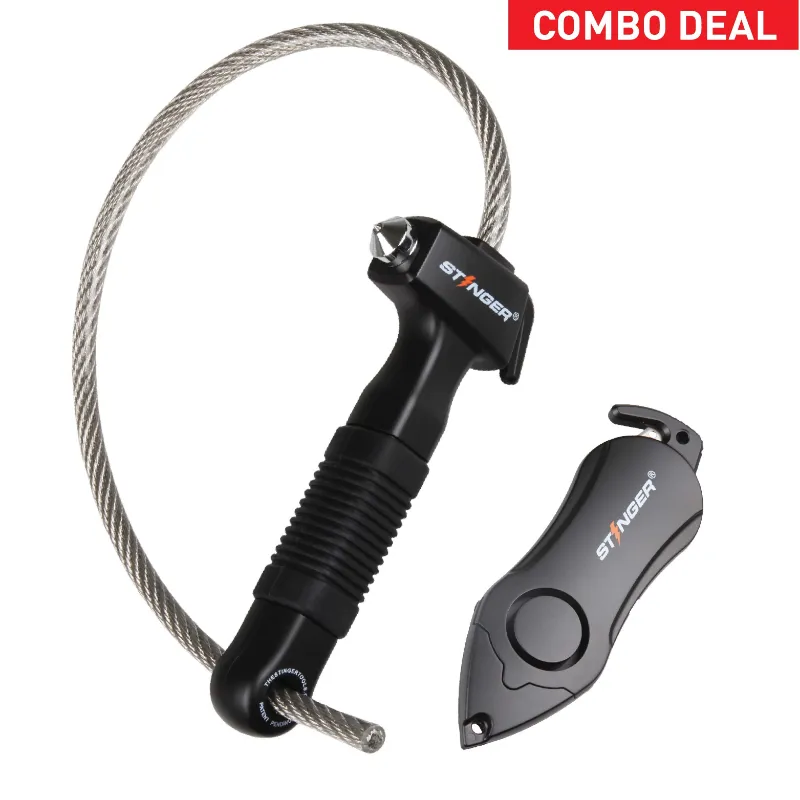 The Stinger Tools Stinger Life-Saving Whip Car Emergency Tools + Personal Alarm in black, with hammer head and whip handle visible
