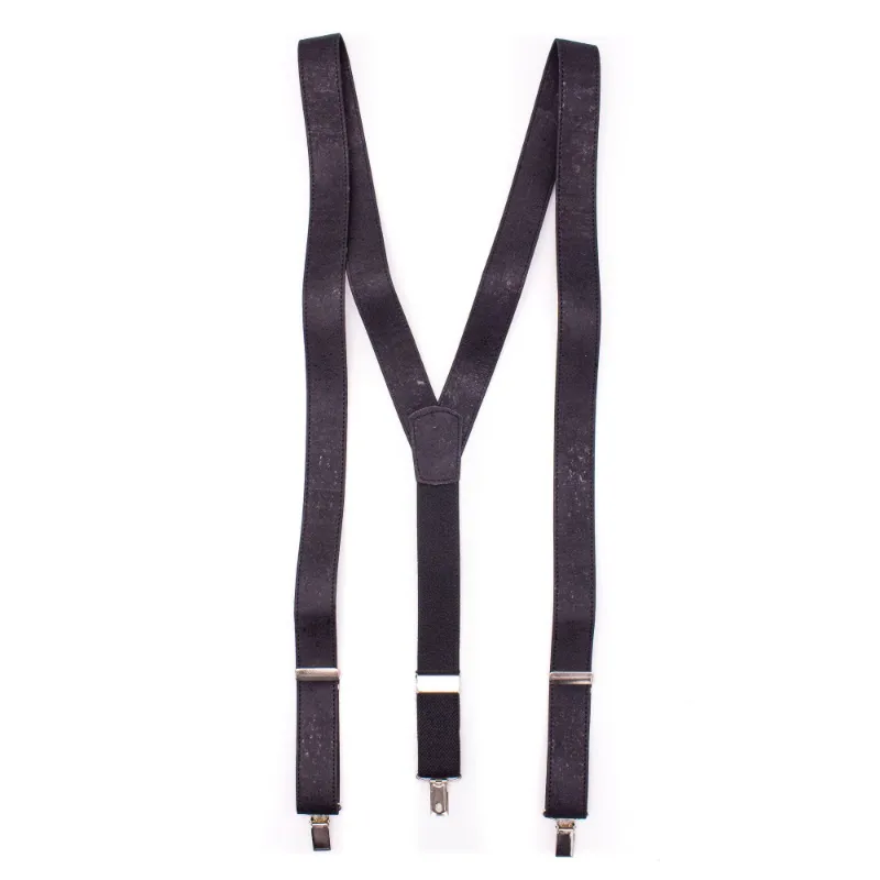 Corkadia Black Adjustable Cork Suspenders, black cork Y-back suspenders with triple clips laid flat