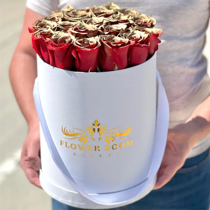 Flower Boom Dallas Mother's Day Gift - The Mediator Mom with gold-dipped hand-painted red roses