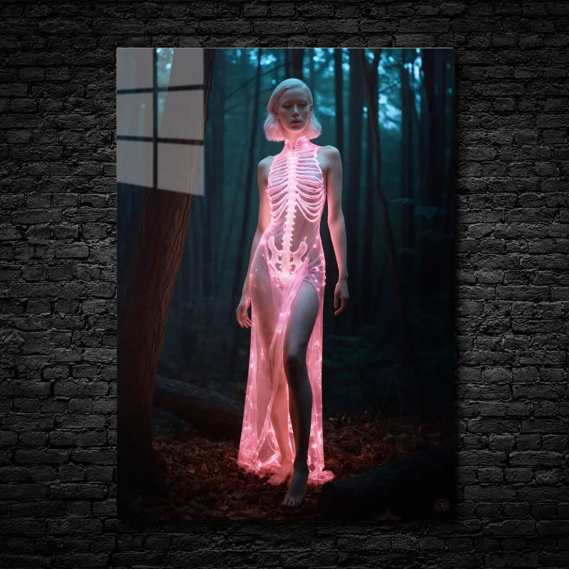 CruArt Luminous Specter metal print, glowing pink figure in skeleton gown among dark trees