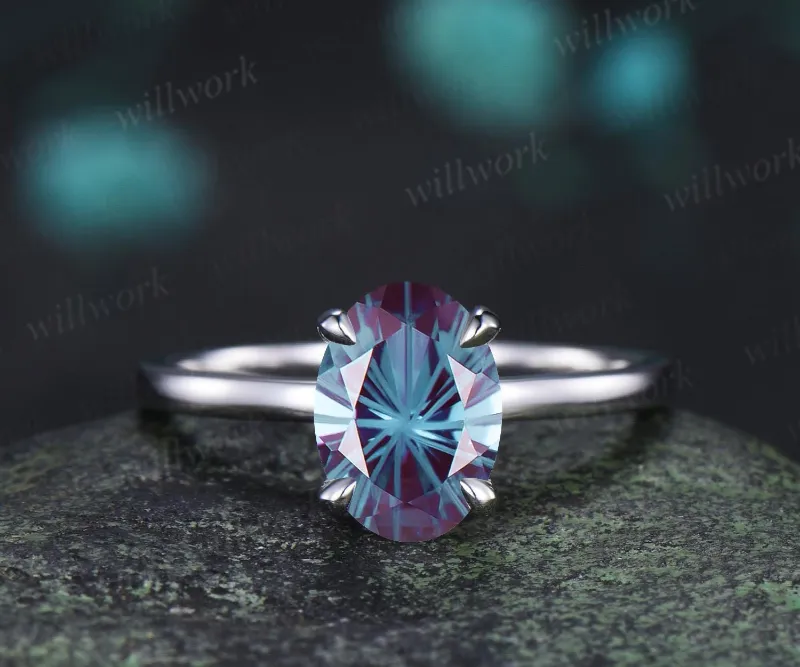 WillWork Jewelry 2ct oval fireworks cut Alexandrite engagement ring solitaire minimalist color change gemstone wedding ring gift women