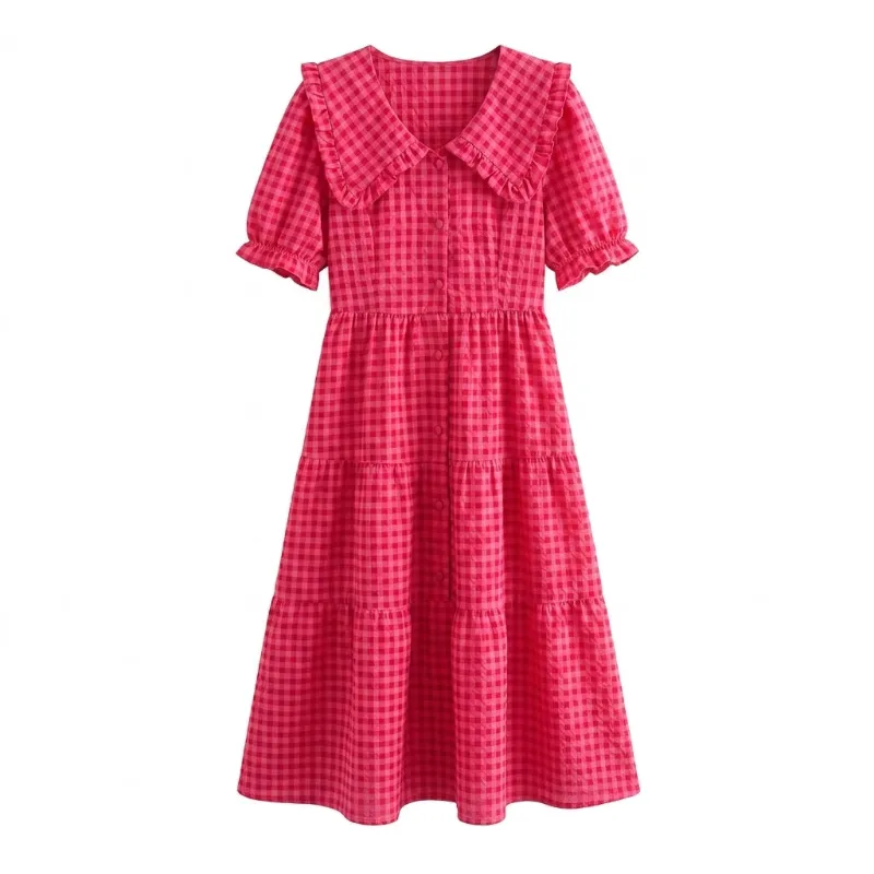Cottagecore Clothes Cottagecore Peter Pan Collar Dress in hot rose plaid with oversized ruffle collar and puff sleeves