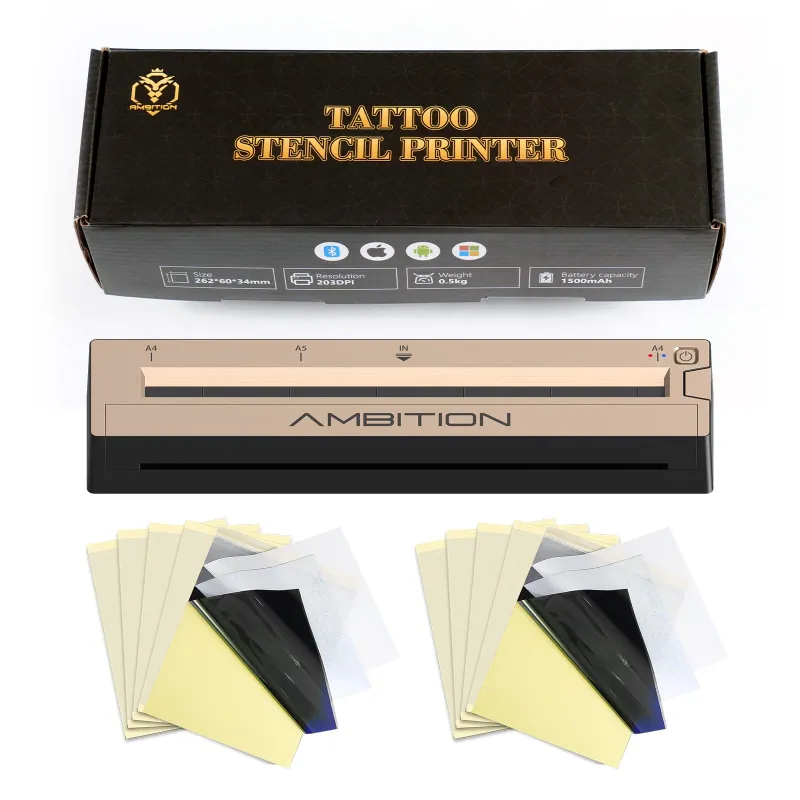 Ambition Tattoo Wireless Tattoo Stencil Printer with 10 transfer papers and Bluetooth connectivity