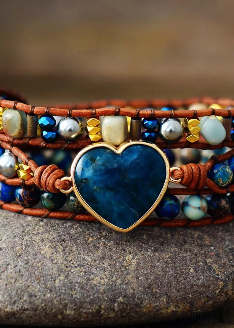 Boho Dress Boho Bracelet, 3 Layers Leather Wrap Bracelet with Jasper Apatite Heart charm