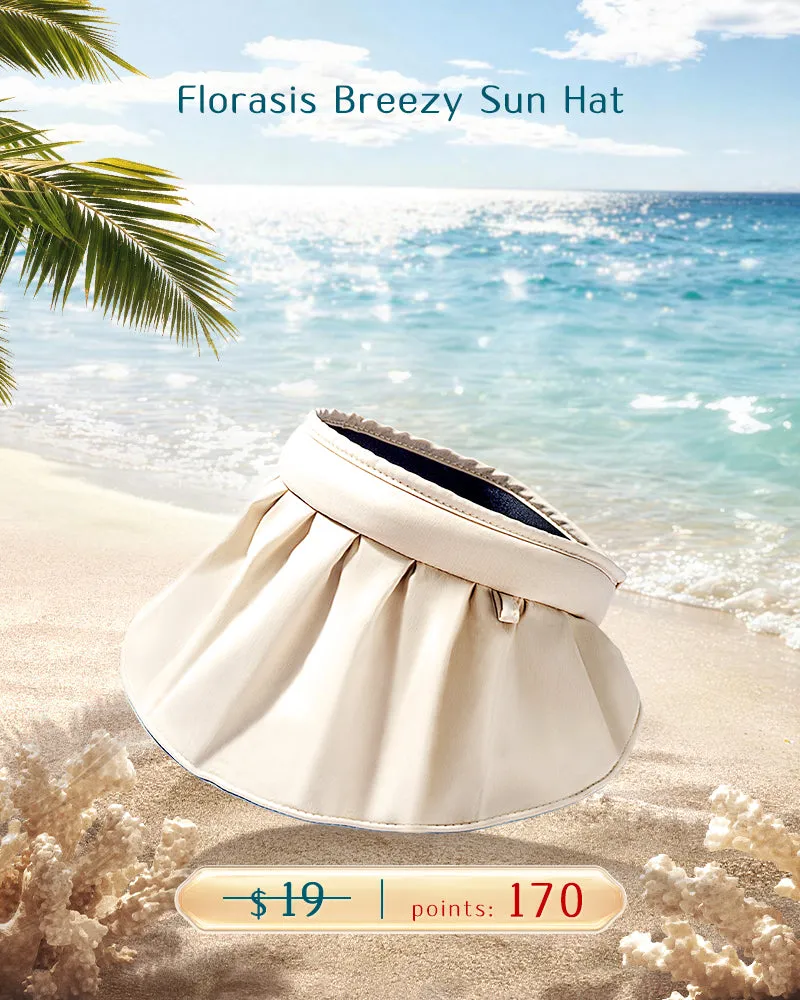 Florasis Breezy Sun Hat, light straw-colored wide-brimmed hat shown flat