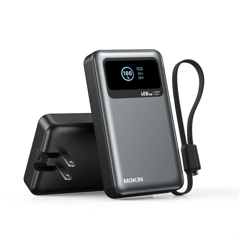 MOKiN 40W 10000mAh Power Bank with Built-in USB-C Cable, Foldable Wall Plug and LCD Display showing the digital percentage screen