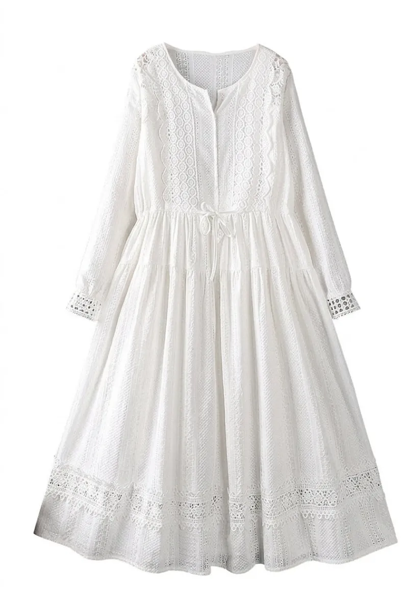 Cottagecore Clothes Cottagecore Eyelet Midi Dress in white cotton with broderie anglaise lace and tiered skirt