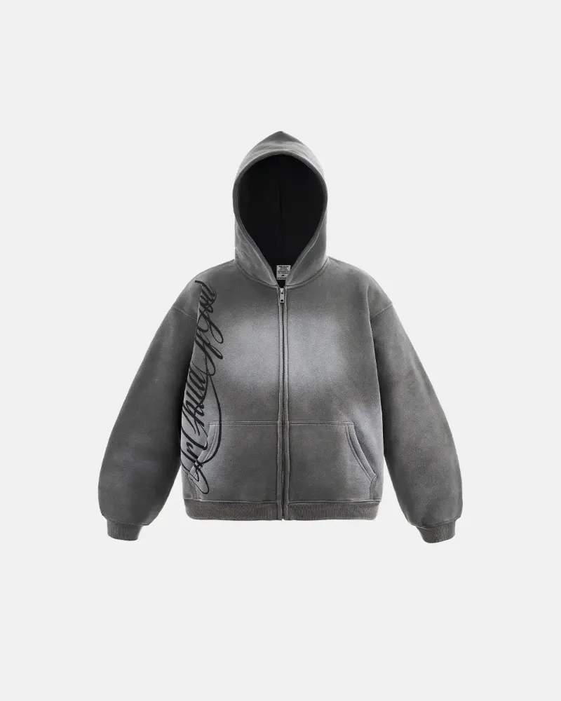 INFLATION Acid Wash Zip Up Hoodies with monkey wash finish and side script graphic print