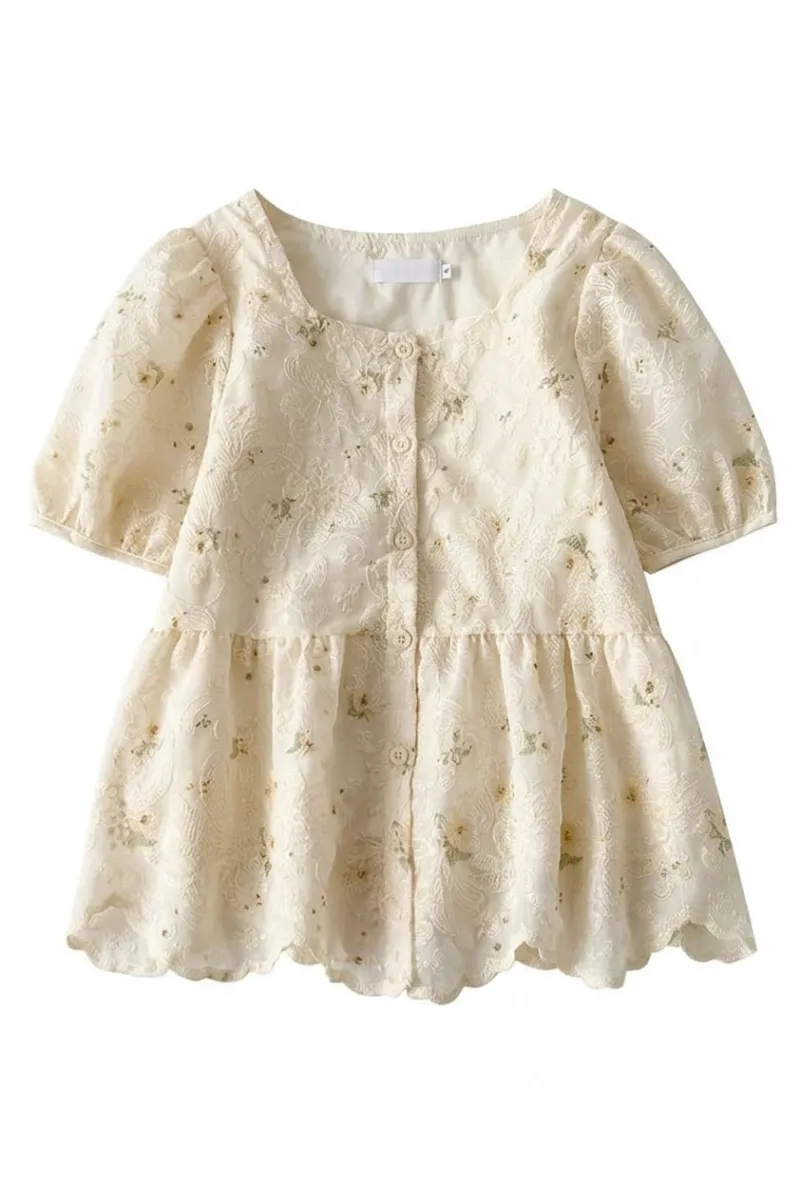 Cottagecore Clothes Cottagecore Scalloped Jacquard Blouse in cream with tonal floral print and scalloped hem