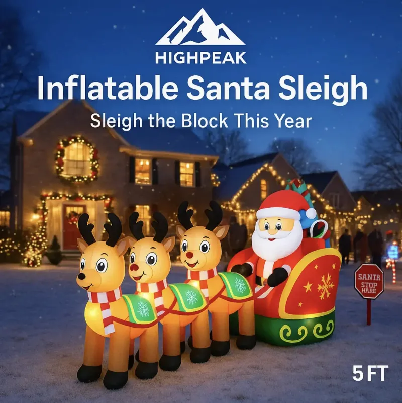 HighPeak 5FT Inflatable Santa Sleigh with three reindeer stretched across a lawn, LED lit