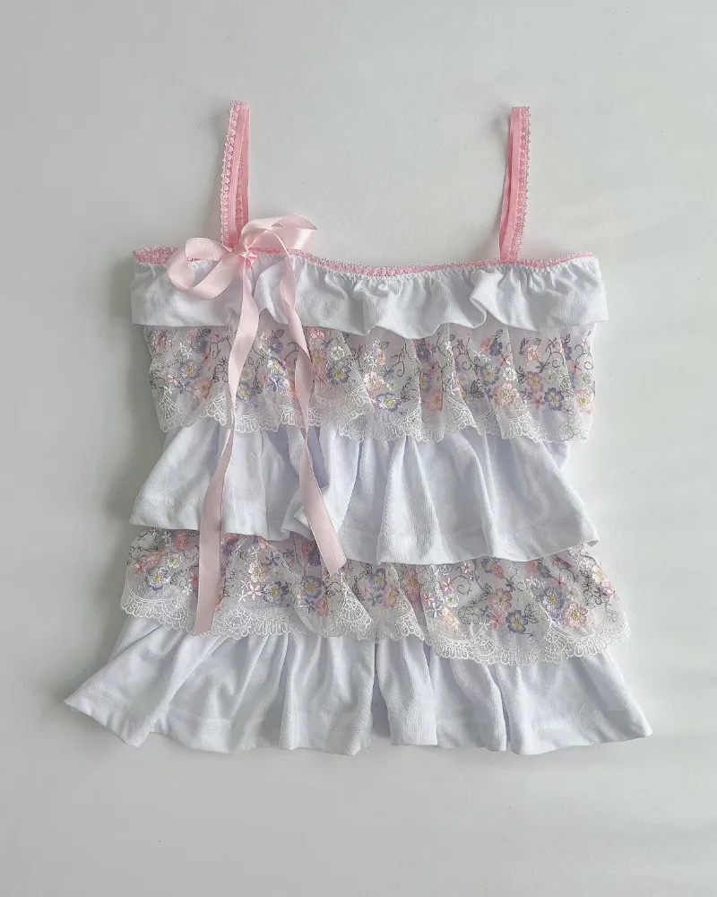 Bit By Angie Floral lace & cotton ruffle cami (M) - handmade ruffle cami with floral lace and cotton fabric