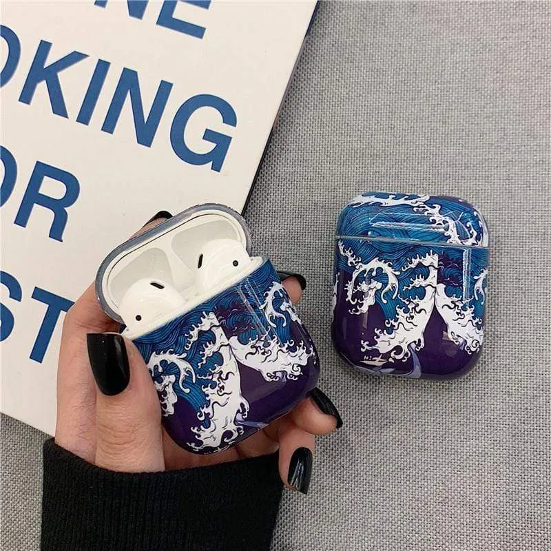 Techypop The Great Wave off Kanagawa Ukiyo-e Hard Protective Case for Apple AirPods 1 and 2, shown with carabiner