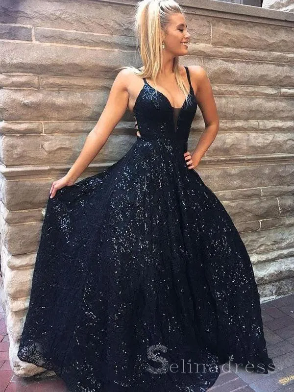 Selinadress A-line Dark Navy Spaghetti Straps Lace Prom Dress Sparkly Long Evening Dresses, floor-length gown with lace detail