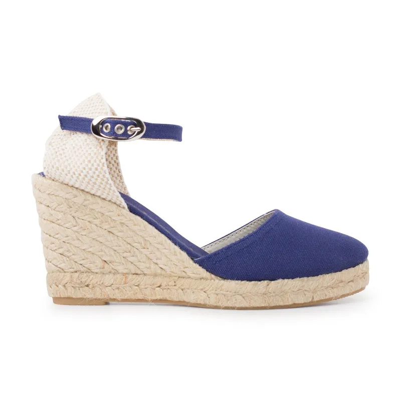 BIANKINA Granada Eco Canvas Vegan Espadrille Wedges in navy, showing wedge heel and canvas upper