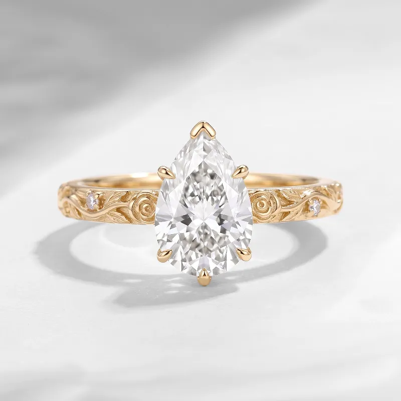 Starlandus Rose Éternelle nature inspired pear cut moissanite romantic rose flower engagement ring with rose carving band