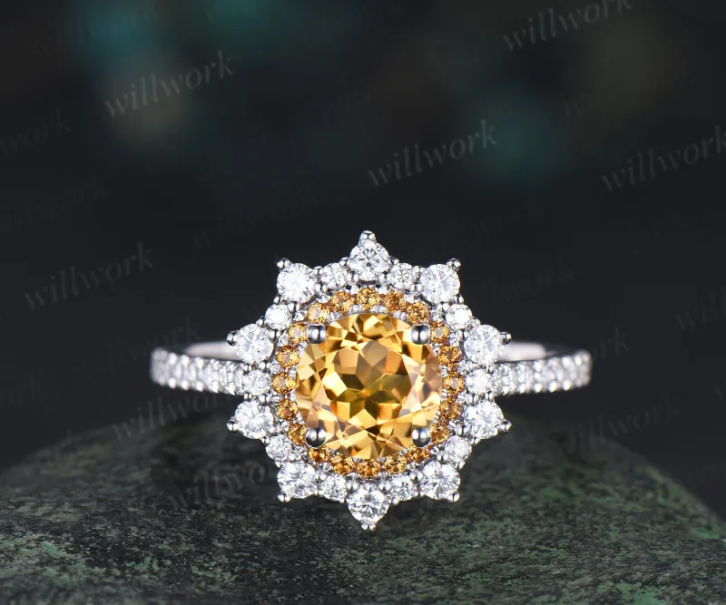 WillWork Jewelry 1ct round cut yellow citrine ring double halo unique Engagement Ring 18k white gold promise ring women