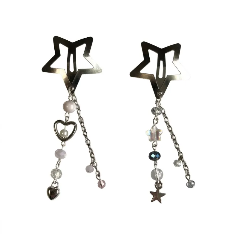 Shoptery Fairy Kei Star Hair Clip Set with Pearl Heart Crystal Chain Charms showing star shape and metallic finish