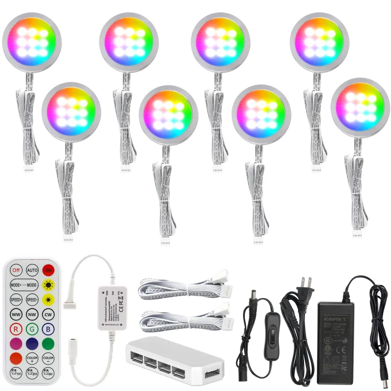 AIBOO Under Cabinet Lighting Kit 8 Pack Dimmable RGB CCT LED Puck Lights with Remote