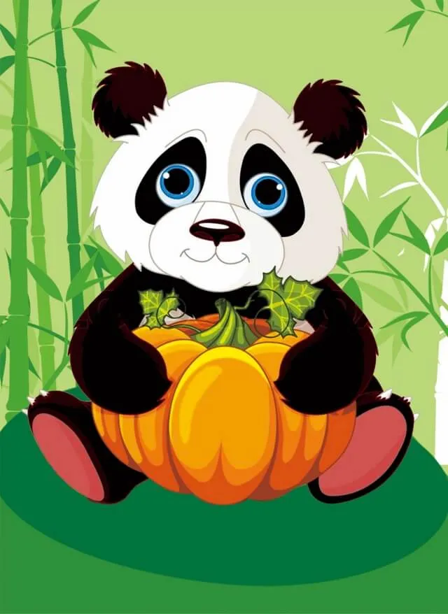 Varvikas 5D Diamond Painting Panda with Pumpkin, small canvas showing black and white panda with rosy cheeks hugging orange pumpkin