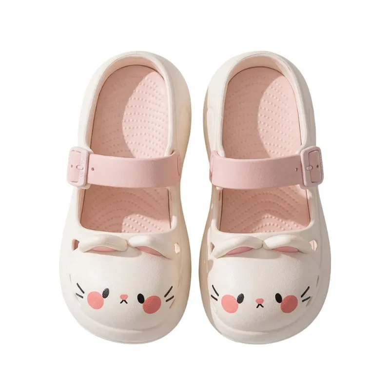 Shoptery Fairy Kei Kawaii Cat Face Mary Jane Clog Sandals styled on feet, chunky platform slides with animal print