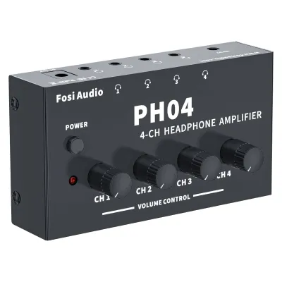 Fosi Audio PH04 4 Channel Headphone Amplifier with four output jacks and volume knobs