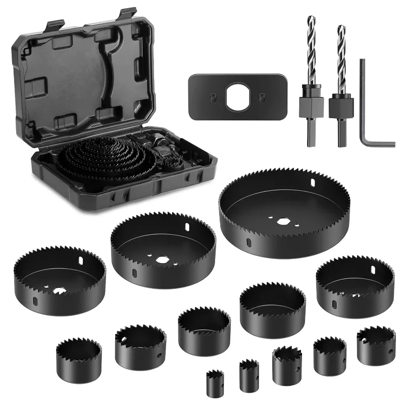 HYCHIKA 19-Piece Hole Saw Set with Case showing 13 carbon steel blades and storage case