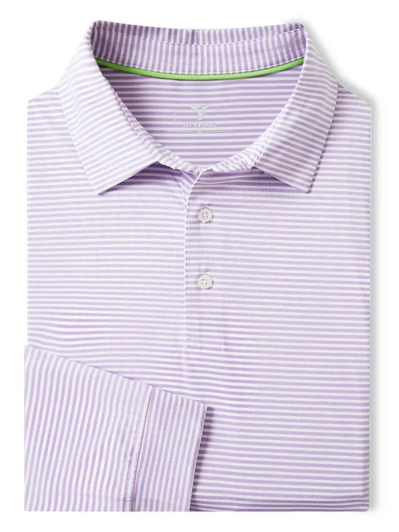 DTWOOO Striped Long Sleeve Golf Polo in lavender white, front view showing collar and striped pattern