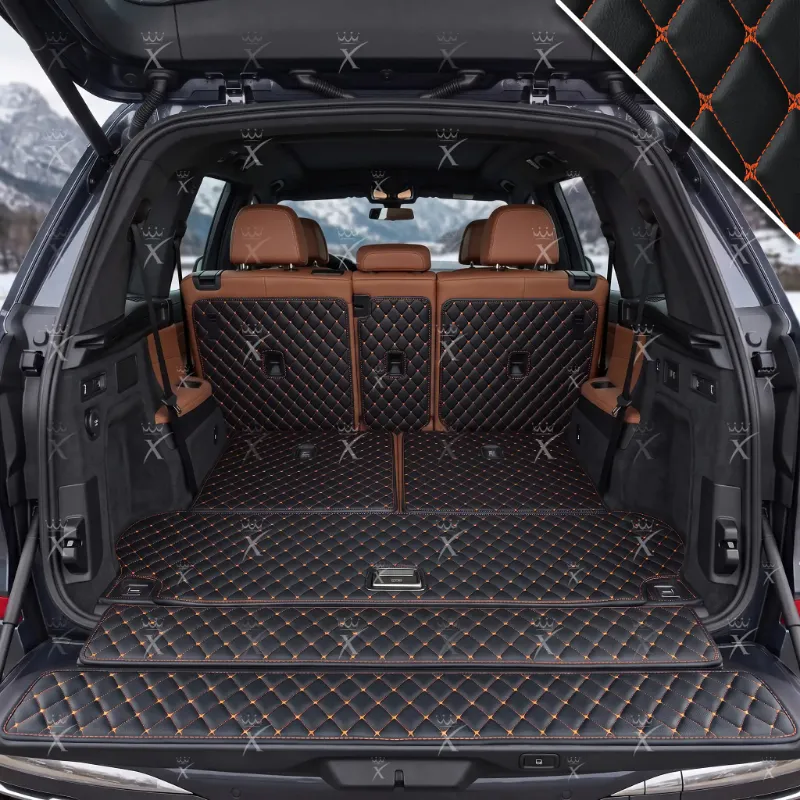 Luxus Car Mats Diamond XtendFit Trunk Mat in Black & Orange Stitching showing diamond-stitched cargo liner