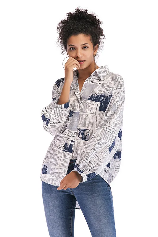 Mislish Alphabet Printed Single Breasted Lapel Paper Blouse in blue, front view