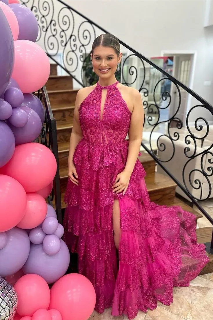 Selinadress A-line Halter Royal Blue Sequin Tulle Ruffles Gown sew1085 with tiered skirt and side slit