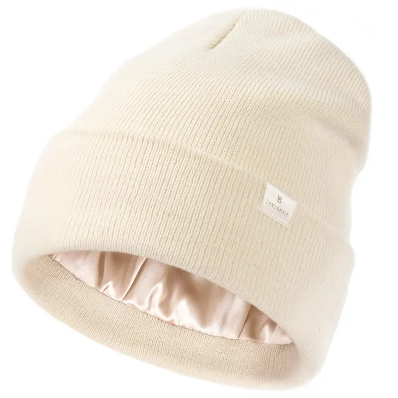 Yanibest Butter Satin Lined Knit Skull Beanie in cream beige close up