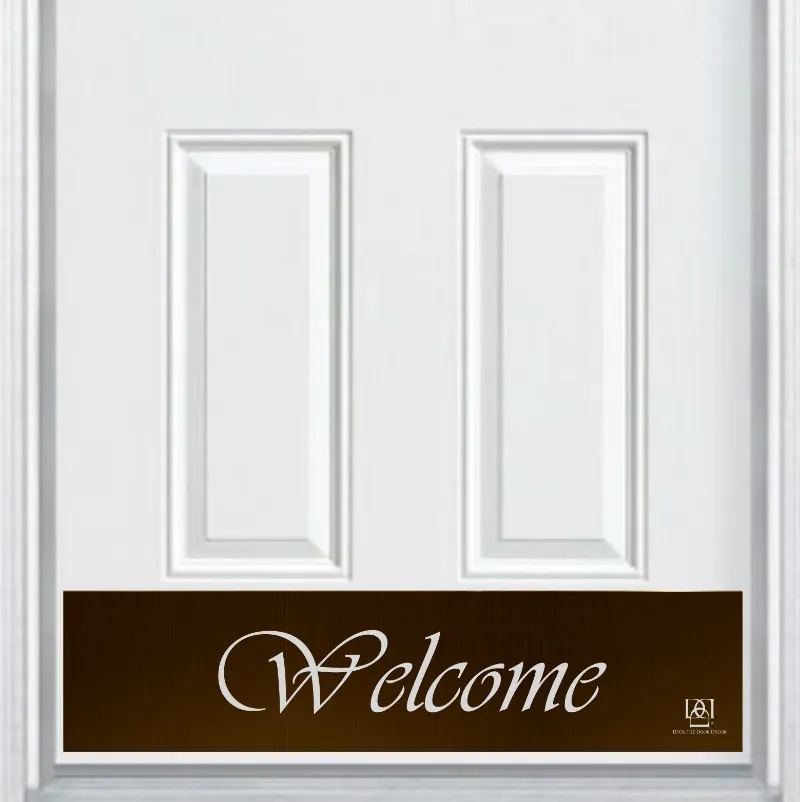 Deck the Door Decor Script Welcome Engraved Door Kick Plate with elegant cursive lettering on anodized aluminum