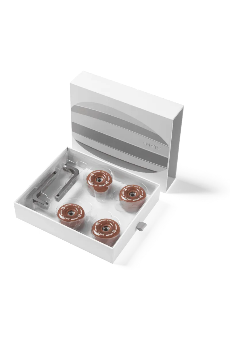 4MYTU Palette Wheels in Cocoal Brown showing wear-resistant PU material and dual bearings
